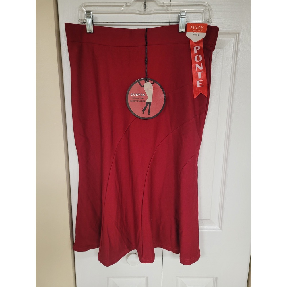 MAZE COLLECTION Womens Rich Red Ponte Panel Knit Flare Mermaid Midi Skirt XL NWT